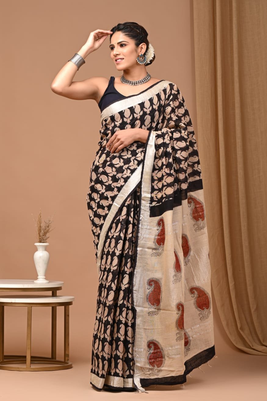 Hand Block Printed Linen Saree with Blouse